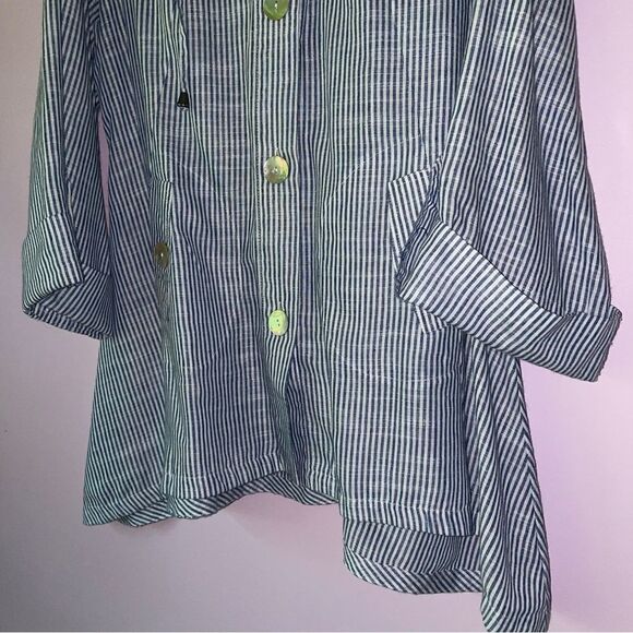 Sigrid Olsen Size L Linen Hooded Jacket Blue White Stripe Coastal Lagenlook - Picture 3 of 8